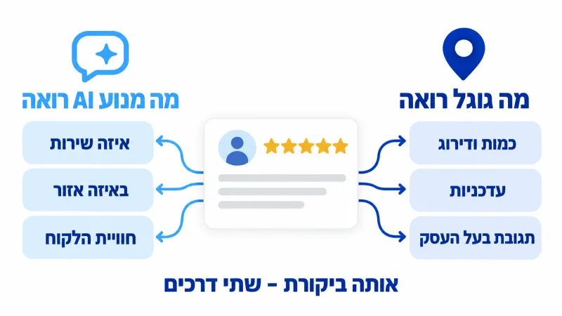 אינפוגרפיקה שמשווה בין מה שגוגל רואה בביקורת לבין מה שמנוע AI לומד מאותה ביקורת גוגל