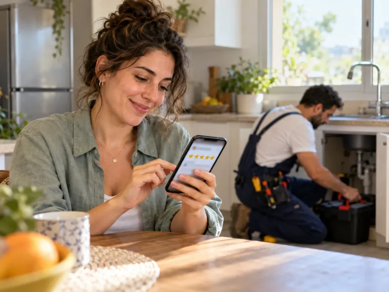 לקוחה מרוצה כותבת בטלפון ביקורת מפורטת על אינסטלטור שסיים עבודה בביתה